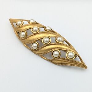 Vintage VERY large gold tone and faux pearl brooch